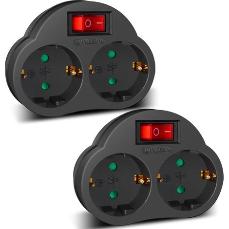 2 en 1 Adaptateur avec interrupteur et 2 prises Schuko, adaptateur de multiprise, jusqu'à charge 3680 W, 16 A/250 V, noir, 2 pièces (1/5)