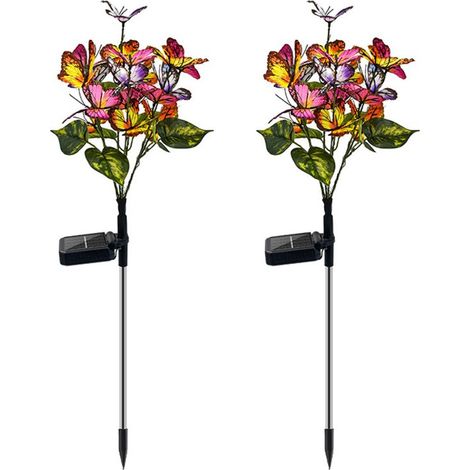 Lot de 2 lampes solaires papillon avec panneau solaire, étanches IP65, pour jardin, terrasse, cour ou allée. (1/5)