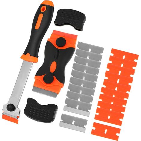 2 raspadores de cerámica con 20 cuchillas de repuesto, raspador de limpieza multiusos para quitar etiquetas - naranja