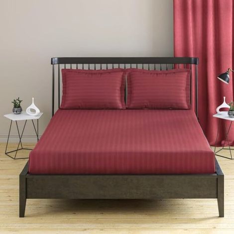 Couvre-lit élastique Deco, 100 % coton, satin damassé, rayures de 1 cm, bordeaux, 180 x 200 + 25 cm (1/4)