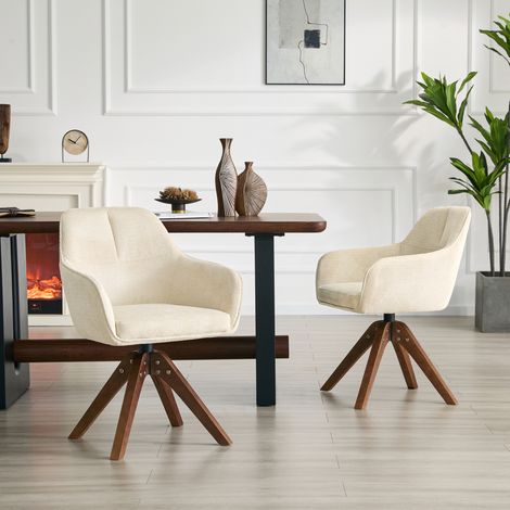 Lot de 2 chaises de salle à manger pivotantes en tissu creme et bois massif – H 82 cm, assise 47 cm (1/5)