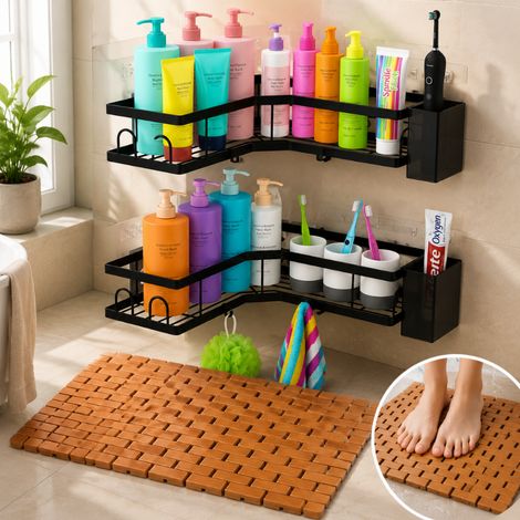 Bamboo Bathroom Refresh Set (2-Piece) – 80x50 cm Bamboo Shower Mat and Corner Shelves Pair (1/5)