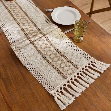 Coton et lin 30x160cm Chemin de table en coton et lin à blocs de couleur, orné de pompons ajourés noués, longue nappe décorative pour meuble TV de salon, table basse, set de table. (1/5)