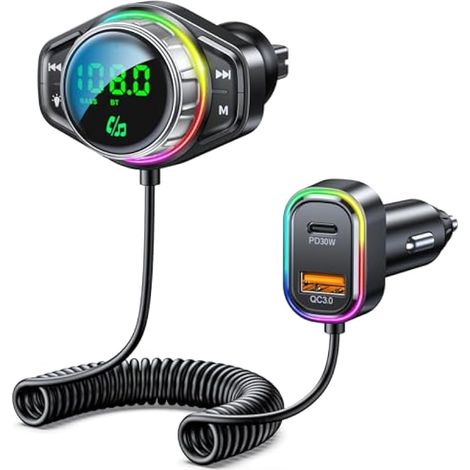 Adaptateur Bluetooth Voiture, Transmetteur FM Bluetooth 5.3, 48W Double USB avec Son HiFi & Mode Bass, Appel Mains-Libres, RGB Personnalisable, Assistant Vocal
