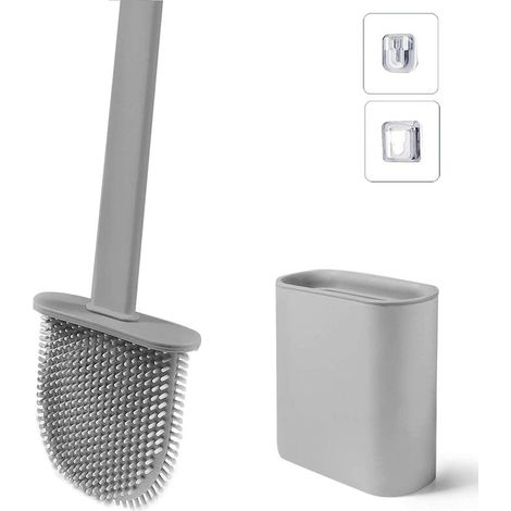 Brosse de Toilette avec Support, Brosse WC Silicone Flexible, Brosse de Toilettes à Séchage Rapide et Récipient pour Salle de Bain avec Support Murale, Grise (1/5)