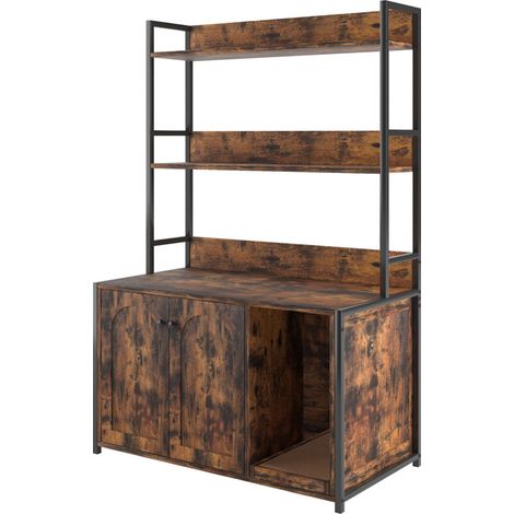 Meuble Cache Bac à Litière pour Chat, 90x45x132 cm, Maison de Toilette pour Chat avec 2 Étagères de Rangement, Armoire en Bois pour Cacher la Plupart des Bacs à Litière pour Chats, Marron Foncé