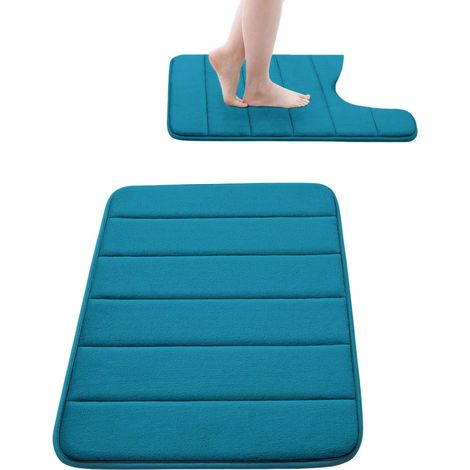 Lot de 2 tapis de bain en mousse à mémoire de forme : tapis de bain 61 x 41 cm et tapis de toilette en forme de U 61 x 51 cm, antidérapants et absorbants, noirs (61 x 41 cm + 61 x 51 cm), bleu paon. (1/5)