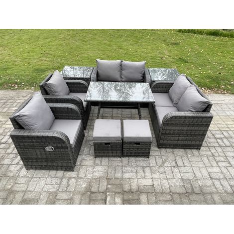 Fimous 8-Sitzer Polyrattan Garten Esstisch Set Gartenmöbel Sofa mit Rechteckiger Esstisch 2 Beistelltischen 2 kleine Fußhockern Dunkelgrau Gemischt (1/5)