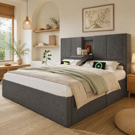 Letto contenitore 140x200 cm grigio con USB, Type-C e portabicchieri, senza materasso- FLORAGRACE (1/5)