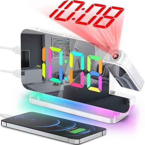 Réveil à projection, horloge numérique LED, grand écran, avec projecteur rotatif à 180°, veilleuse RVB, port USB C, horloge de bureau moderne pour décoration de chambre à coucher (1/5)