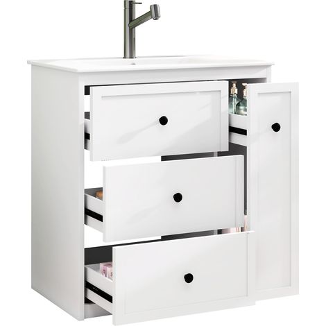 CHICFURN Mueble lavabo baño freestanding 76 x 46 x 82 cm con lavabo cerámico integrado, 4 cajones, MDF lacado blanco, patas de madera (1/5)
