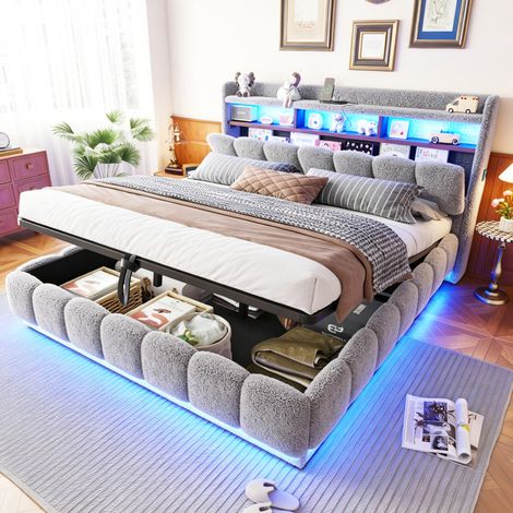 Letto imbottito 180x200 cm grigio in tessuto bouclé con LED, USB e vano contenitore idraulico (1/5)