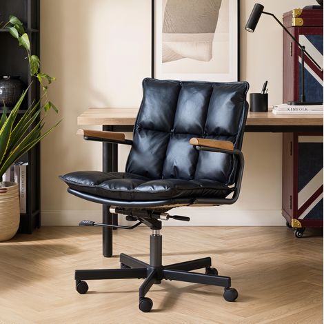 Silla de oficina de cuero negro con ruedas silenciosas y brazos de madera, base de hierro de 5 puntos (1/5)
