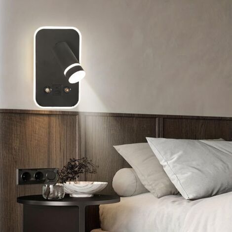Applique murale d'intérieur à LED à intensité variable avec chargement USB + Type-C, lampe de chevet tactile 3 W + 6 W, lampe de lecture noire, projecteur de lecture moderne (1/3)