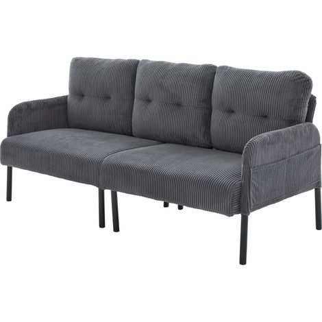 Canapé 3 places en velours côtelé, avec rembourrage confortable, dossier haut et poches latérales pratiques. Pieds métalliques stables et structure robuste. Polyvalent pour le salon, la chambre ou le (1/5)