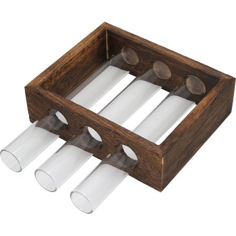Vase en tube de verre borosilicate sur support bois pin - Décoration intérieure rétro pour plantes hydroponiques - Lot de 3