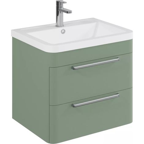 Balterley Calwich Contemporary Bathroom Wall Hung Vanity Unit with 2 Soft Close Drawers & 1 Tap Hole Polymarble Basin, Satin Green, 600mm