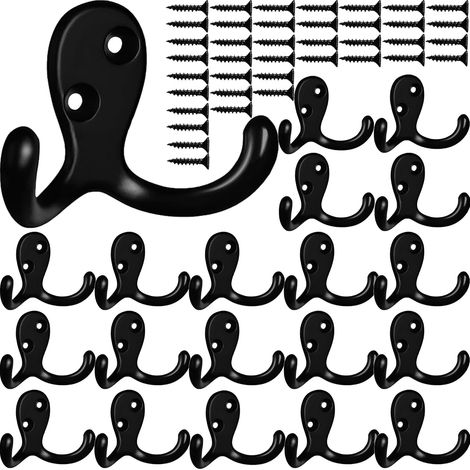 BEBUSINGOTO Lot de 20 crochets muraux robustes pour suspendre des manteaux, doubles crochets antirouille, fixés au mur pour clés, serviettes, sacs, tasses, chapeaux (20 pièces noires) (1/5)