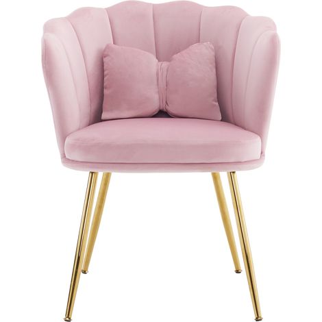 Set de 4 sillas tapizadas de terciopelo rosa con patas metálicas doradas y respaldo pétalo (1/5)