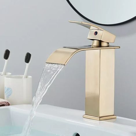 Zamery – Robinet mitigeur lavabo cascade doré – Bec cascade ultra-mince – Hauteur 19 cm – Économie d'eau 30% – Installation facile G3/8' (1/5)