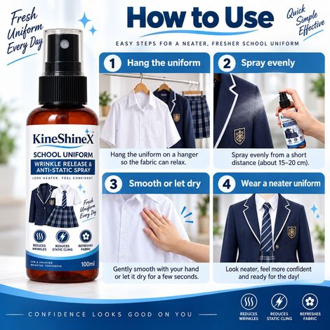 KineShineX Schuluniform-Knitterentfernungs- und Antistatikspray, Kleidungs-Knitterentfernungs- und Glättungsspray, reduziert statische Aufladung. (1/4)