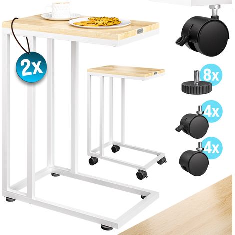 Table d'appoint bout de canapé avec roulettes Cadre en métal Desserte de lit Support ordinateur portable 2x Blanc (1/2)