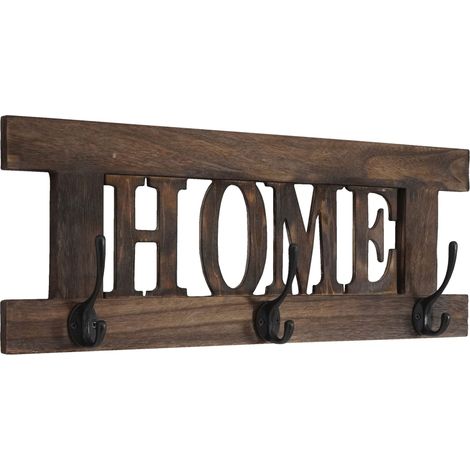 Perchero de pared vintage de madera marrón con 3 ganchos 20x55cm MED04051 (1/3)