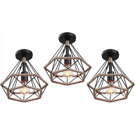 U-Do 3Pcs Plafonnier forme Diamant Lampe de Plafonde Luminaire en Corde de Chanvre en Métal design Vintage pour Salon Couloir (1/4)