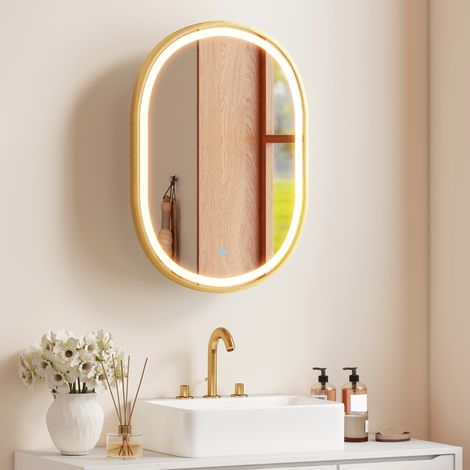 Armario de Baño con Espejo y Luces LED de 3 Colores Armario de Pared Ovalado con Función Memoria y Antivaho Dorado (1/5)