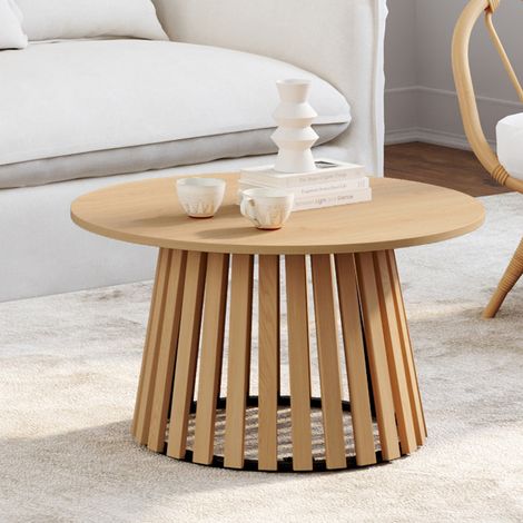 Mesa de centro redonda CARMEN de 70 cm con patas de listones de madera y tablero de madera