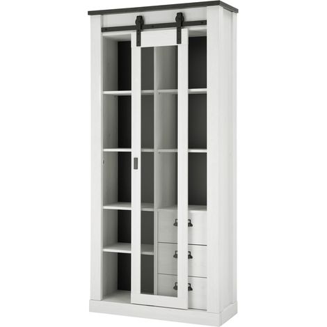 Vitrinenschrank SHELTON-61 in Pinie weiß Nb. mit anthrazit, B/H/T: ca. 93/201/38 cm (1/3)