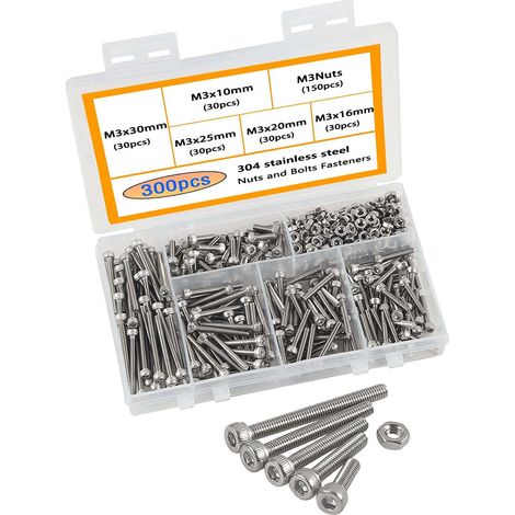 300 pièces vis et écrous acier inoxydable 304 tête hexagonale creuse m2 m3 m4 m5 m6 m8 kit assortiment pour bricolage réparation (1/5)