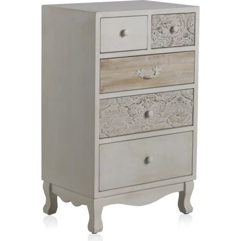 Commode - JUANIO - Modèle 5 tiroirs - MDF plaqué sapin - Finition patinée blanche - 50x35x82 cm (1/2)