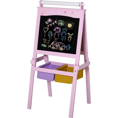 3 en 1 Tableau Enfant - chevalet Enfant - Ardoise Double Face - Tableau Blanc Tableau à Craie - Rouleau Papier avec accessoires + paniers Rangement intégrés - MDF Rose