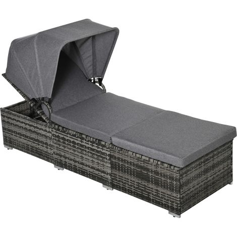 Transat de jardin réglable en polyrotin avec pare-soleil et coussin 195 x 65 x 40 cm gris (1/3)