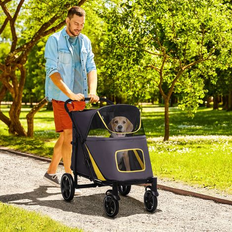 Chariot pour chien, poussette pliante avec coussin et laisses de sécurité, poussette pour chat avec fenêtre en filet et poche latérale en tissu Oxford gris foncé (1/5)