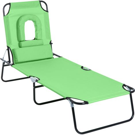 Transat pliable vert avec fenêtre de lecture et oreiller, dossier 4 positions. Résistant aux intempéries charge 120 kg pour plage