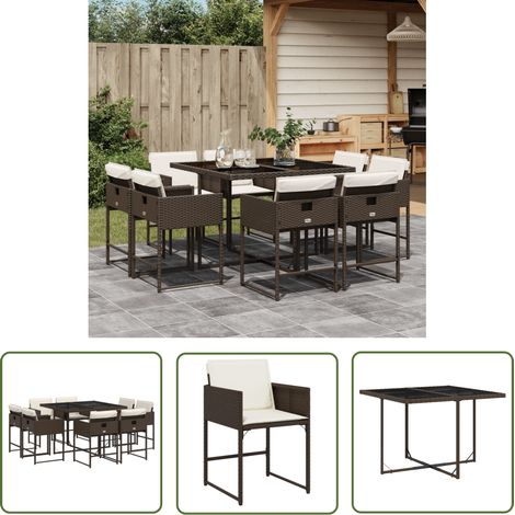 The Living Store Ensemble à manger de jardin et coussins 9 pcs marron poly rotin - Salon De Jardin - Meuble De Jardin - Set De Jardin - Table De Jardin - Chaises De Jardin (1/5)