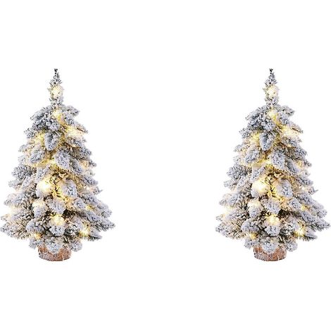 Lot de 2 sapins de Noël artificiels de table, mini sapin de Noël avec lampe et socle en bois, effet neige. (1/5)