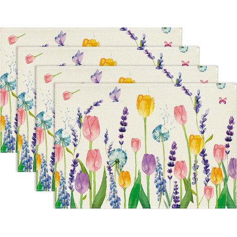4 Set de Table Printemps 30x45cm, Fleurs et Papillons Set de Table Lavable, Tulipe Lavande Chemin de Table Lin pour Fête, Pâques (B)