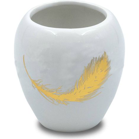 Bicchiere porta spazzolini in ceramica bianca decorato con piuma oro portaspazzolino moderno accessori bagno