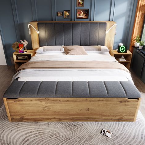 Letto matrimoniale 160x200 cm in legno marrone con contenitore, senza materasso - FLORAGRACE (1/5)