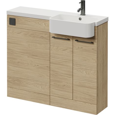 Napoli 250 Light Oak 1000mm 2 Door Vanity Unit Toilet Suite with Right Hand Round Rico Semi Recessed Basin - 1000mm - Gunmetal Grey 160mm HandleWithout Kingston Toilet Pan