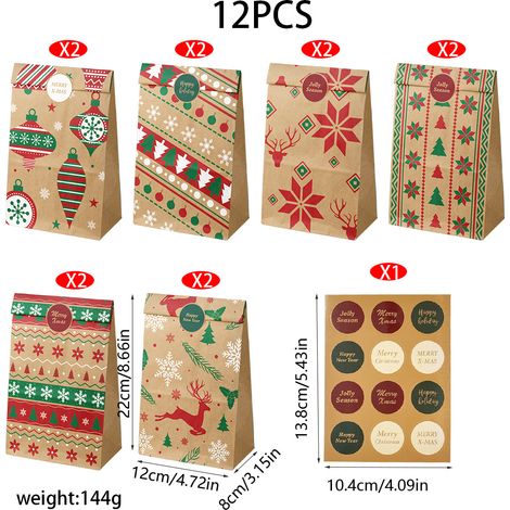 12 sacs cadeaux de Noël avec autocollants, emballage cadeau de Noël, petits présents