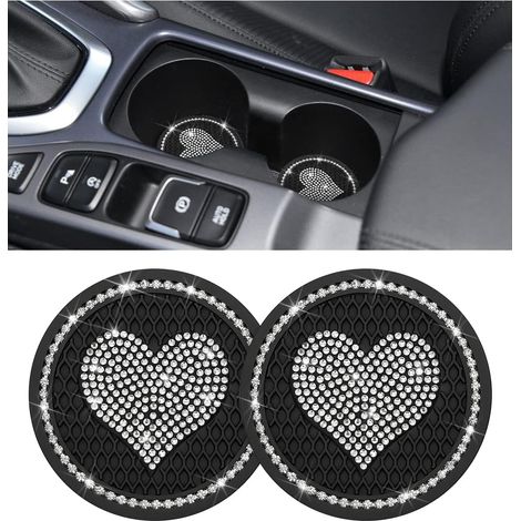 Lot de 2 sous-verres de voiture à strass, sous-verres universels en forme de cœur avec strass en cristal, tapis de sol antidérapant mignon pour gobelet de voiture (noir)