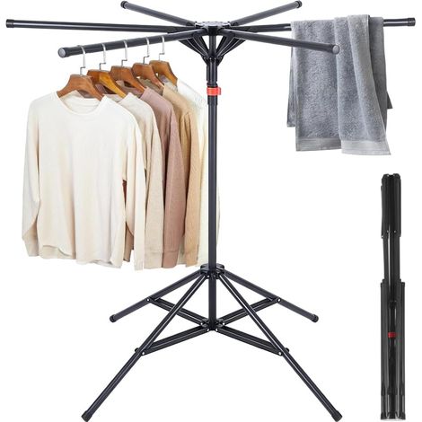 Séchoir à Linge Tour Pliable avec 6 Bras Extensibles,Hauteur Réglable 120-170 cm,Stable et Gain de Place pour Balcon, Intérieur, Extérieur (Noir)