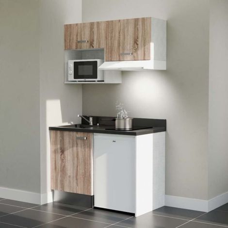 Kitchenette K02L - 120 cm - plan monobloc évier intégré Nero- évier à gauche - Façades Bois + Electroménager inclus coloris Blanc