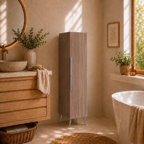 Meuble haut colonne pour salle de bain 130 cm sur pieds coloris chêne prémonté (1/4)