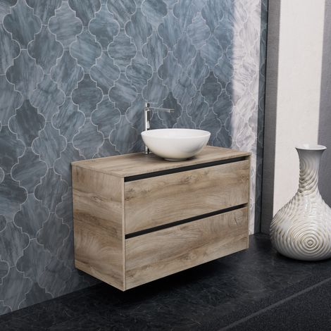 Inda - Badezimmerschrank 2 Schubladen B.100 mit Aufsatzwaschbecken / Natureiche - Smeraldo (1/5)