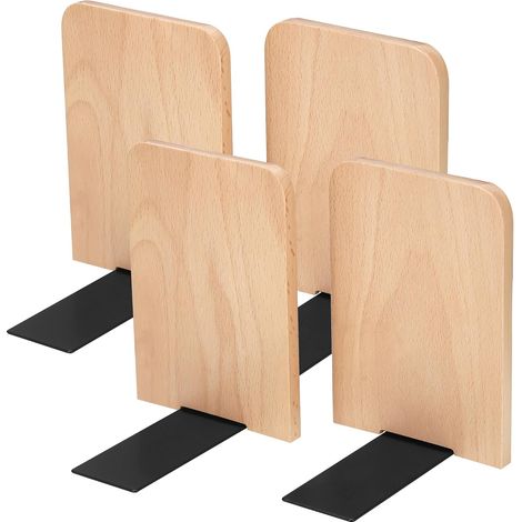 Serré Livre en Bois, Lot de 4 Supports de Livres en Hêtre (1/5)